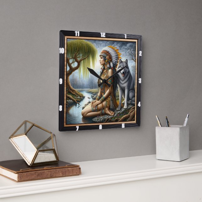 Native Indian Timekeeper: Wolf and Maiden's Glade Square Wall Clock (Office)