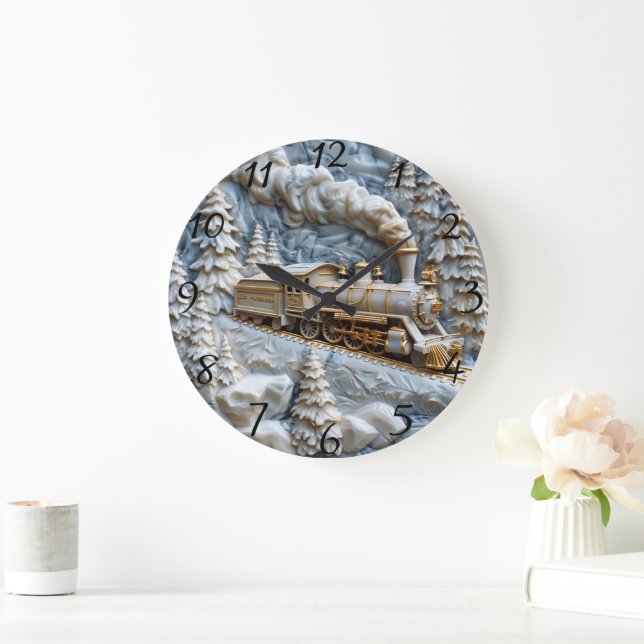 Native Indian train art in tranquil scene Large Clock (Home)