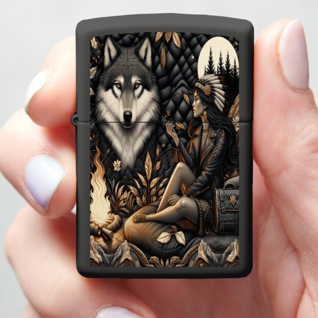 Native Indian Warrior and Loyal Wolf Zippo Lighter (In Hand)