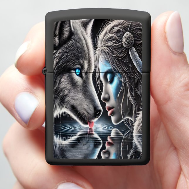 Native Indian Warrior and Moonlit Wolf Zippo Lighter (In Hand)