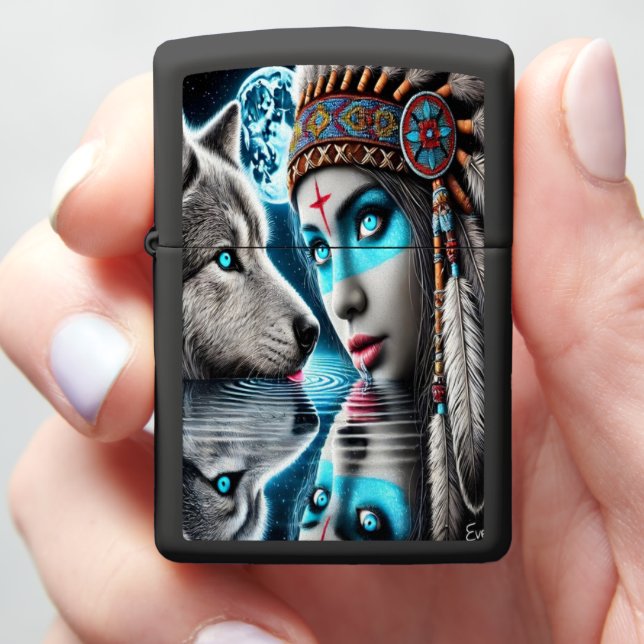 Native Indian Warrior and Wolf Reflections Zippo Lighter (In Hand)