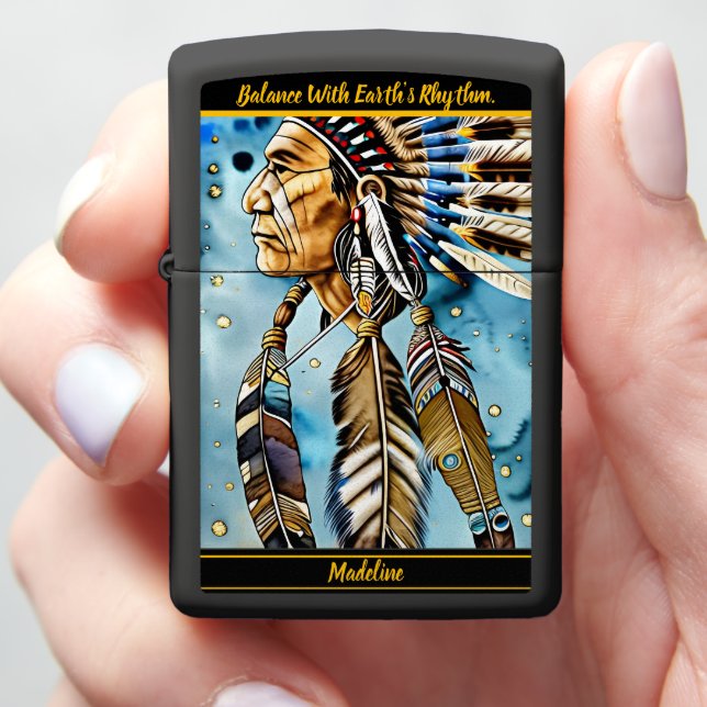 Native Indian Warrior: Tribal Patterns Zippo Lighter (In Hand)