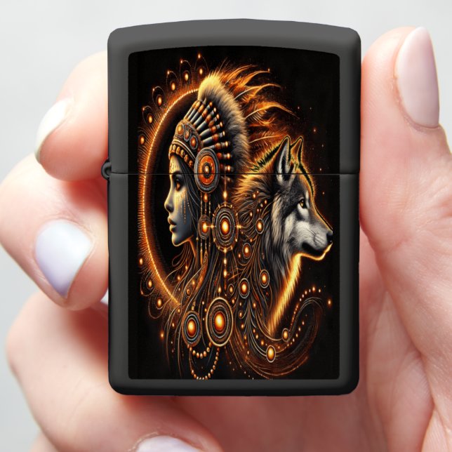 Native Indian with Wolf b Zippo Lighter (In Hand)