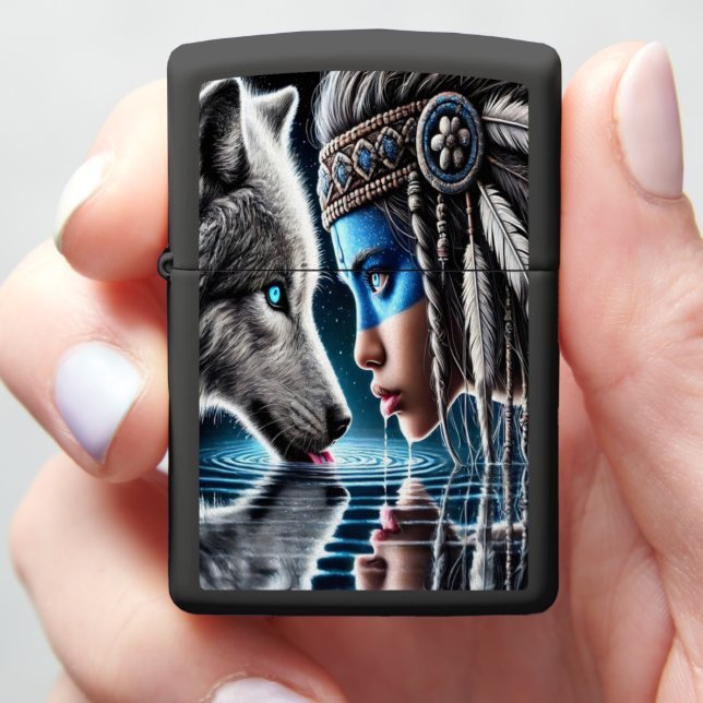 Native Indian Woman and Loyal Wolf Zippo Lighter (In Hand)
