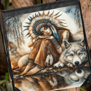 Native Indian woman and wolf by the serene water Drawstring Bag