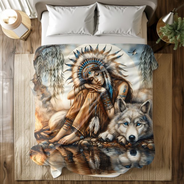 Native Indian woman and wolf by the serene water Duvet Cover (Creator Uploaded)