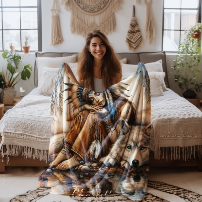 Native Indian woman and wolf by the serene water Fleece Blanket (Creator Uploaded)