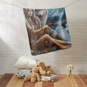Native Indian woman and wolf by the tranquil river Baby Blanket