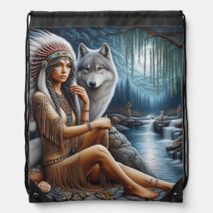 Native Indian woman and wolf by the tranquil river Drawstring Bag