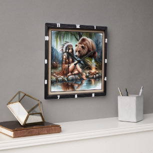 Native Indian Woman Bear Heritage Square Wall Clock
