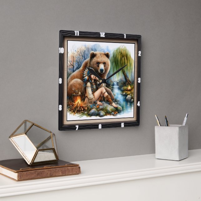 Native Indian Woman Bear Tree Square Wall Clock (Office)