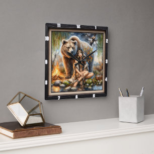 Native Indian Woman Bear Wilderness  Square Wall Clock
