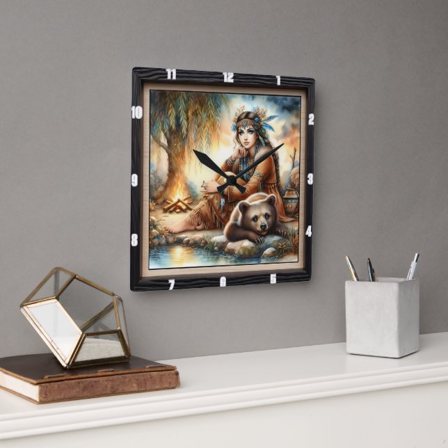 Native Indian Woman Bear Willow Square Wall Clock (Office)