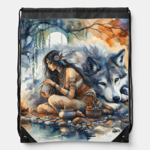 Native Indian woman crafts by the river at dusk Drawstring Bag