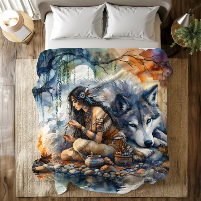 Native Indian woman crafts by the river at dusk Duvet Cover (Creator Uploaded)