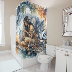 Native Indian woman crafts by the river at dusk Shower Curtain