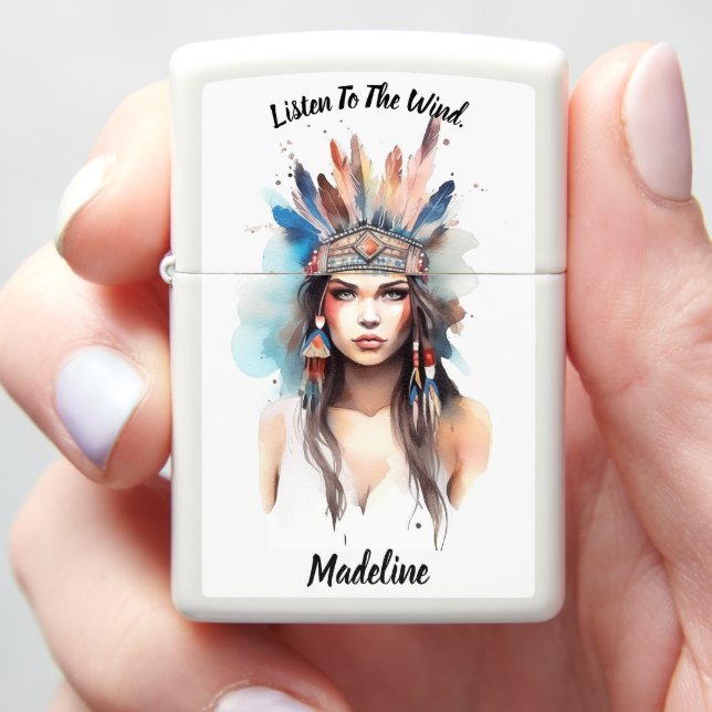 Native Indian Woman: Cultural Designs Zippo Lighter (In Hand)
