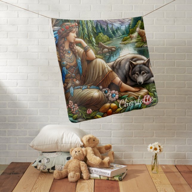 Native Indian woman peacefully rests with a wolf Baby Blanket (In Situ)