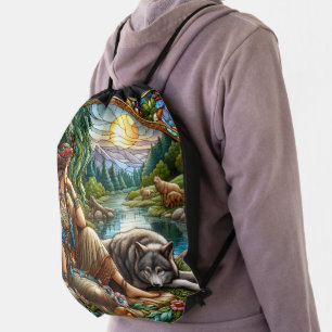 Native Indian woman peacefully rests with a wolf Drawstring Bag
