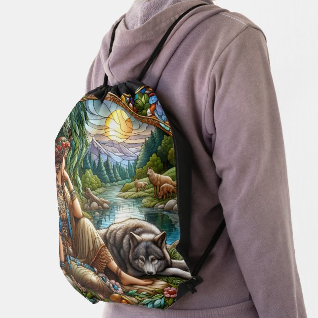 Native Indian woman peacefully rests with a wolf Drawstring Bag (Insitu)