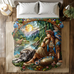 Native Indian woman peacefully rests with a wolf Duvet Cover