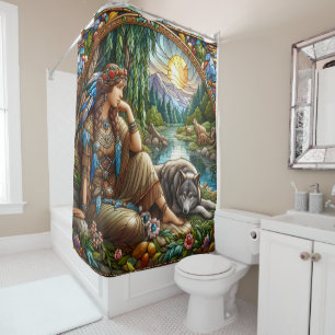 Native Indian woman peacefully rests with a wolf Shower Curtain