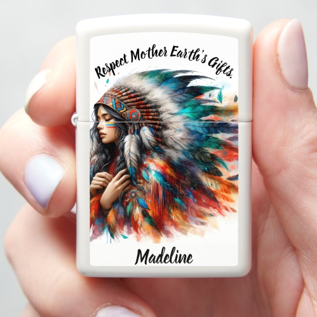 Native Indian woman stands proudly Zippo Lighter (In Hand)