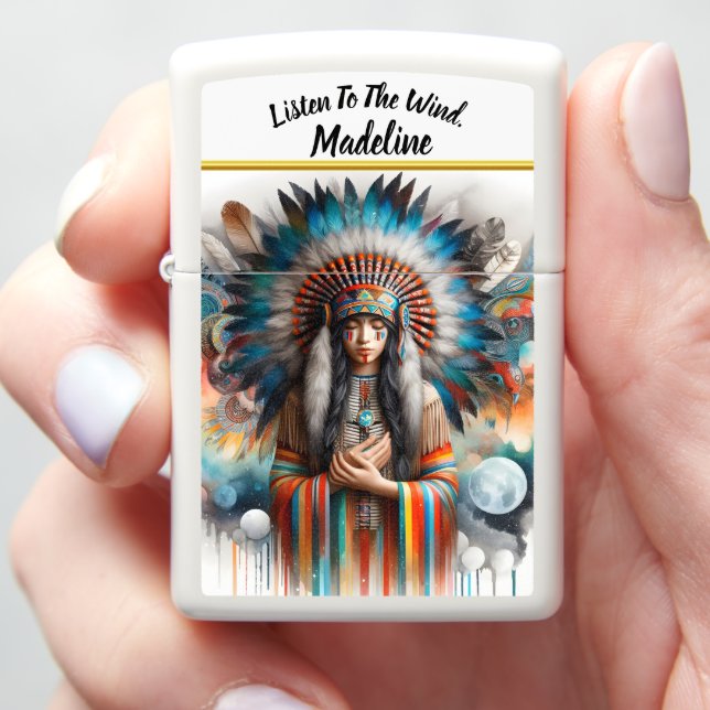Native Indian woman vibrant feather headdress Zippo Lighter (In Hand)