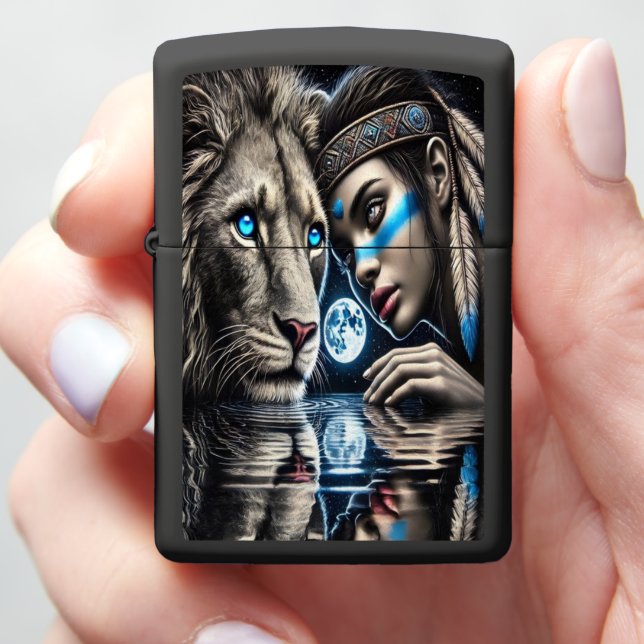 Native Indian Woman with Majestic Lion Zippo Lighter (In Hand)