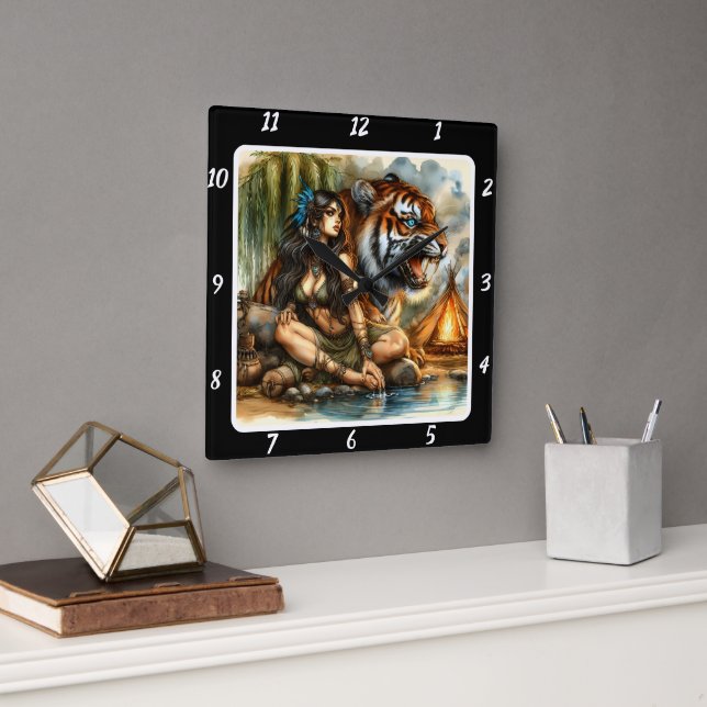 Native Journey: Hidden Path Tiger's Heart Square Wall Clock (Office)
