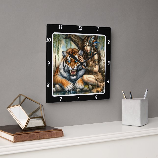 Native Majesty: Tiger's Gaze River Calm Square Wall Clock (Office)