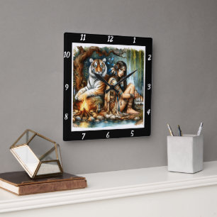 Native Mysteries: Tiger's Prowl Mountain's Shadow Square Wall Clock