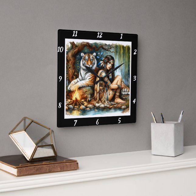 Native Mysteries: Tiger's Prowl Mountain's Shadow Square Wall Clock (Office)