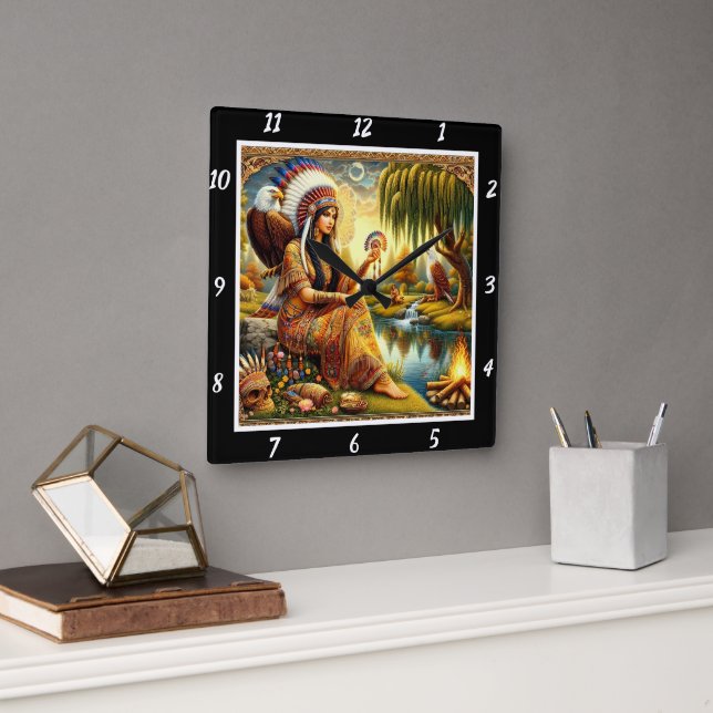 Native Paths: Eagle's Tracks Willow's Rustle Square Wall Clock (Office)