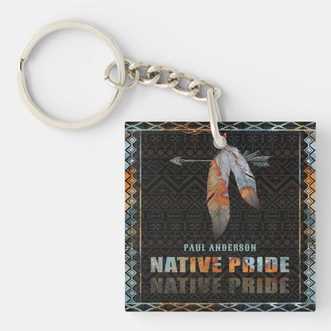 Native Pride Indian Feather Retro Tribal Arrow Keychain (Front)