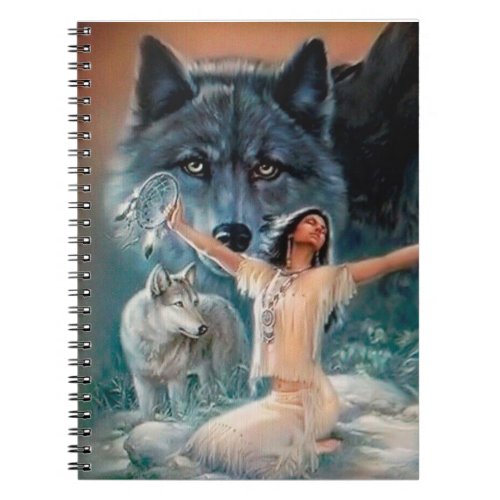 Native Princess with Wolves and Dream Catcher Notebook