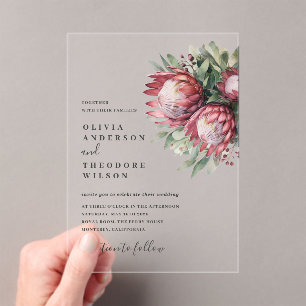 Native Protea Watercolor Floral Boho Botanical Acrylic Invitations