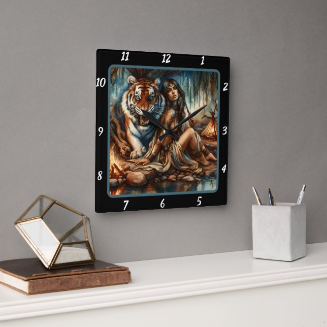 Native Reverie: Willow's Shade Tiger's Peace Square Wall Clock (Office)