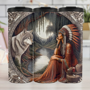 Native Reverie, Wolf Guardian, Moonlit. Frame. Thermal Tumbler