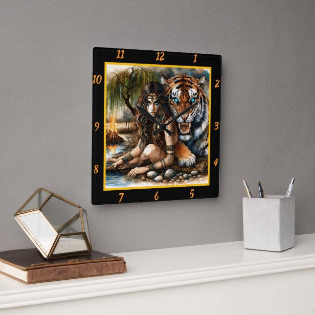 Native Secrets: Tiger's Whispers Moon's Glow Square Wall Clock (Office)