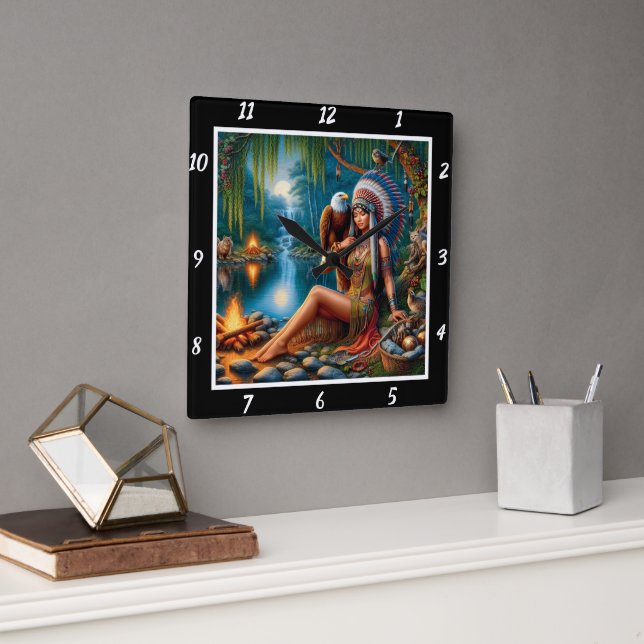 Native Shadows: Eagle's Wing Star's Glow Square Wall Clock (Office)