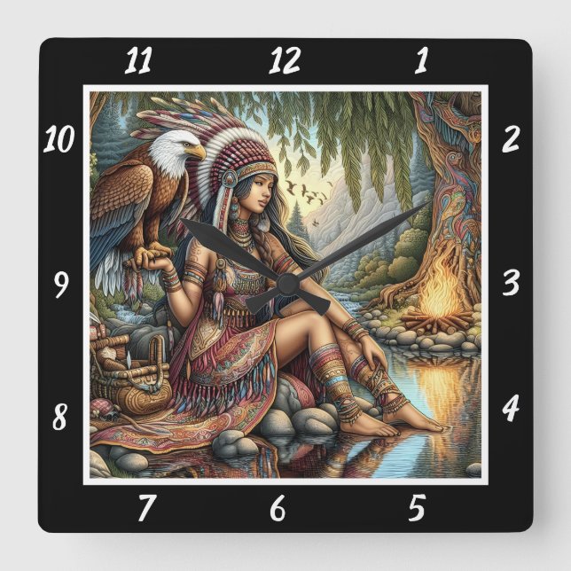 Native Shrines: Eagle's Spirit Stone's Resonance Square Wall Clock (Front)
