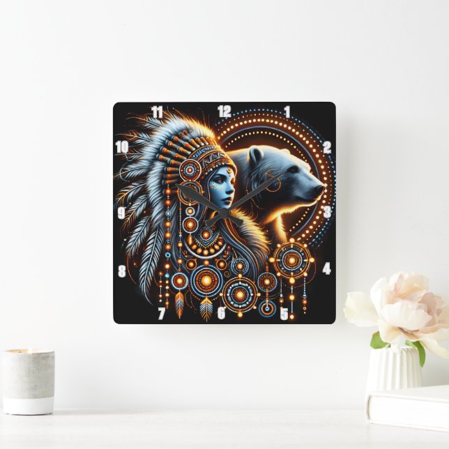 Native Spirit With Bear in Luminous Design Square Wall Clock (Home)