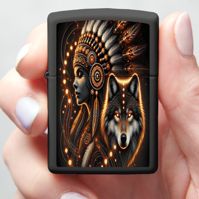 Native Spirit with Wolf b Zippo Lighter (In Hand)