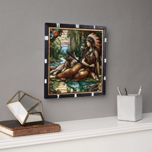 Native Starlight: Forest Shadows Silent Wolf Square Wall Clock