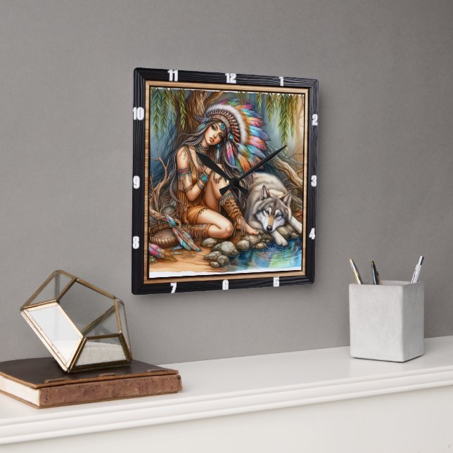 Native Tranquility: Silver Pond Evening Peace Square Wall Clock (Office)