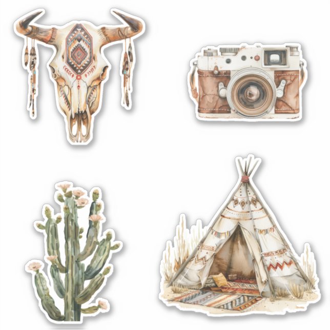 Native Tribal Bull Horns Skull Cactus Sticker (Front)