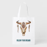 Native Tribal Bull Horns Skull   Grocery Bag