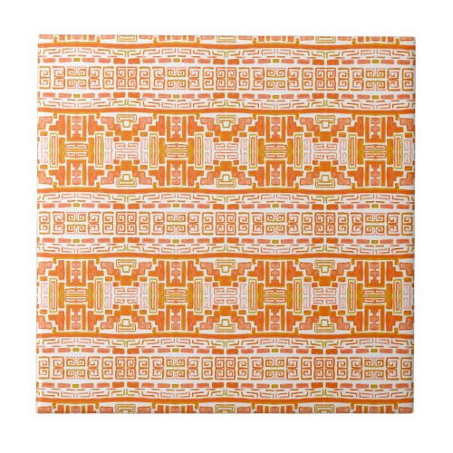 Native Tribal Orange Boho Tribal Pattern Ceramic Tile