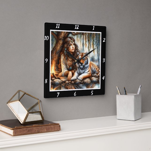 Native Visions: Tiger's Aura River's Whisper Square Wall Clock (Office)